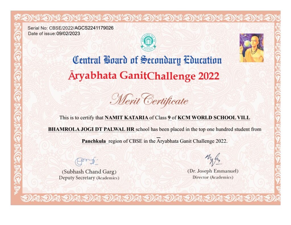 Our team for CBSE’S Aryabhatta Ganit Challenge has been placed in the Top 100 teams of Panchkula Region.