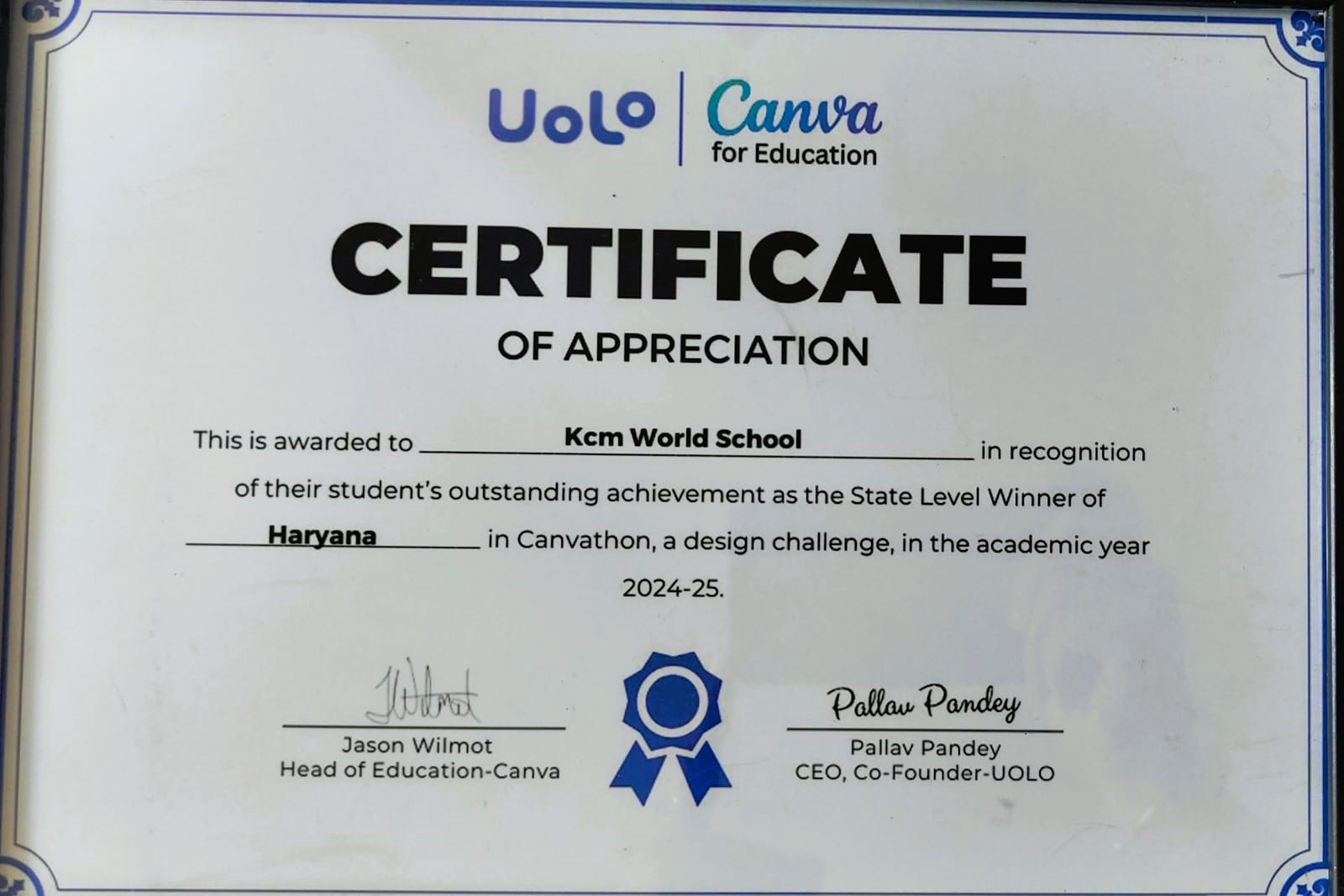 Adding Pride to Excellence: KCMWS Recognized as of their student’s outstanding achivements as the State Level Winner of Haryana!